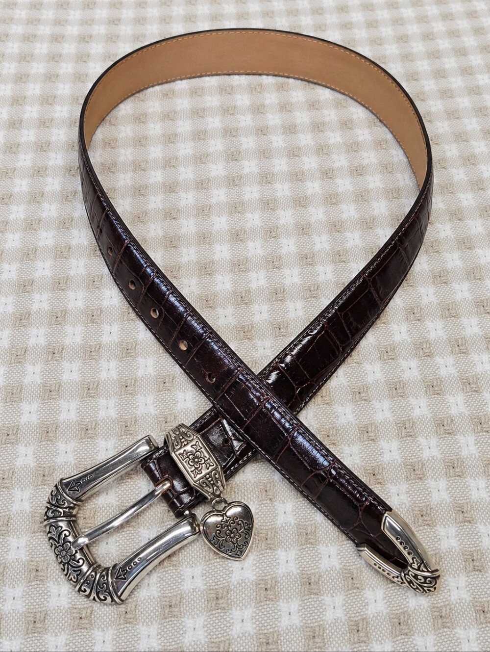 Brighton Dark Brown Croc Embossed Leather Heart Charm Silver Buckle Western Belt